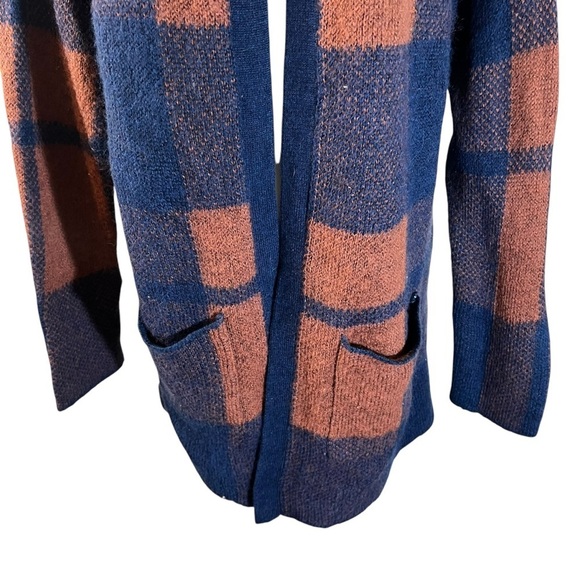 American Eagle Plaid Wool Blend Open Cardigan Sweater Pockets Brown Navy Blue - Picture 5 of 9